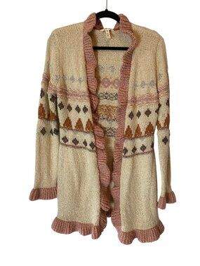 Matilda Jane Open Front Cardigan Sweater Ruffle Trim & Fair Isle Design Medium